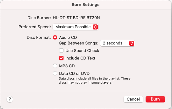 Music app burn settings