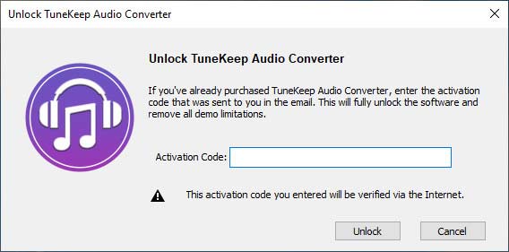 TuneKeep Audio Converter Unlock Dialog